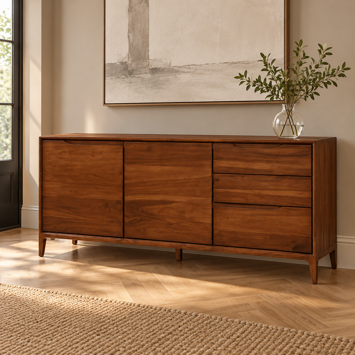 Modern Wooden Sideboard with Three Drawers in dark walnut finish – lifestyle setting