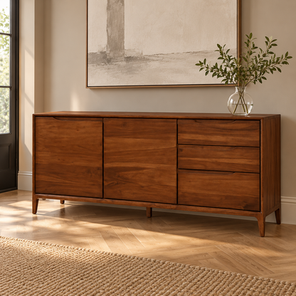Modern Wooden Sideboard with Three Drawers in dark walnut finish – lifestyle setting