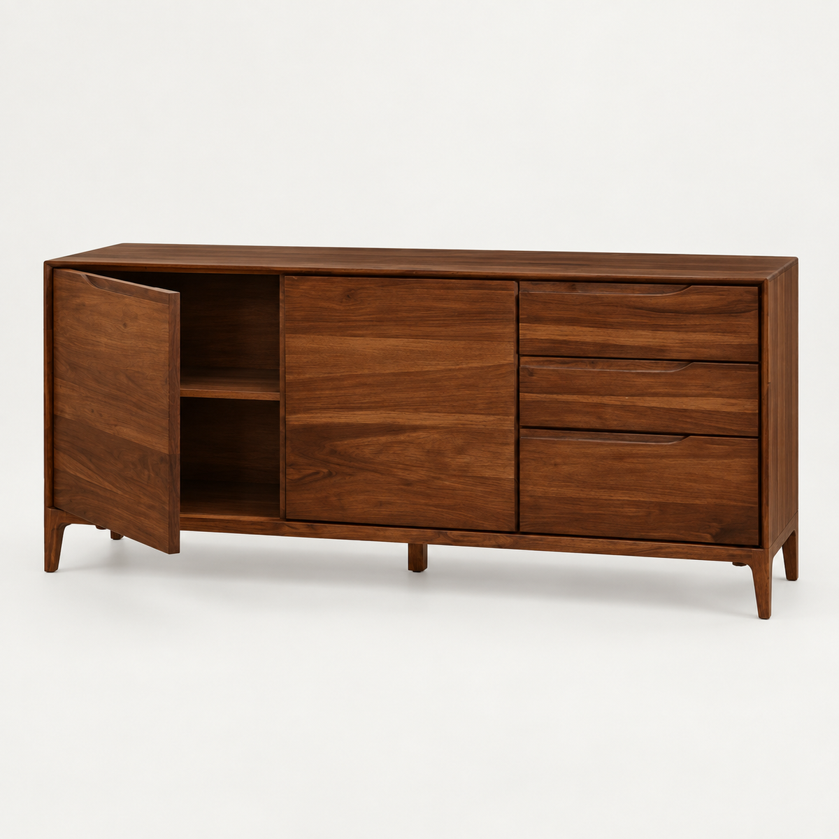 Modern Wooden Sideboard with Three Drawers in dark walnut finish – angled side studio view