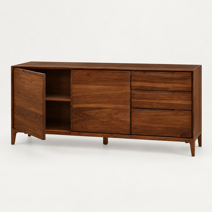 Modern Wooden Sideboard with Three Drawers in dark walnut finish – angled side studio view