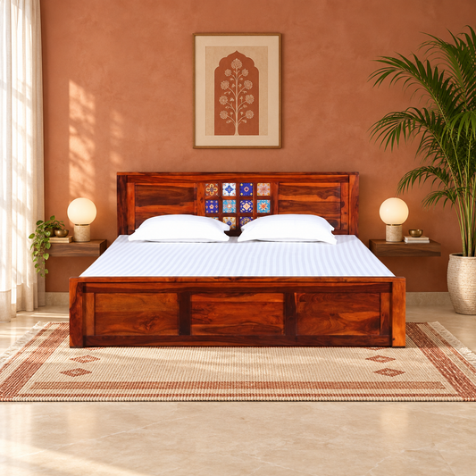 Mosaic Accent Headboard Storage Bed in a bedroom, front view
