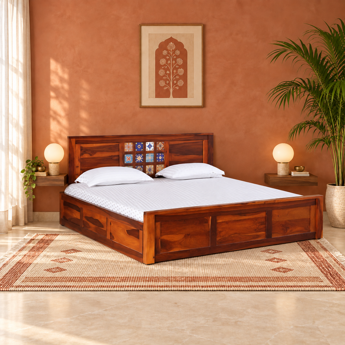 Mosaic Accent Headboard Storage Bed in a bedroom, side view