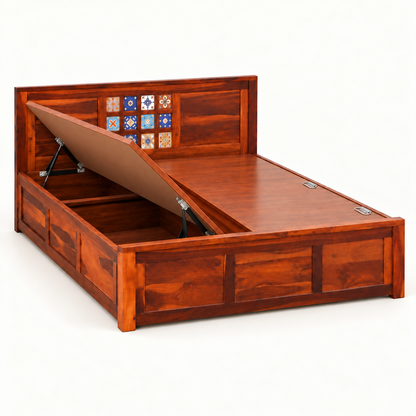 A reddish-brown wooden storage bed with the headboard and top panel lifted open to show the interior space. The back panel features a decorative grid of colorful square tiles.