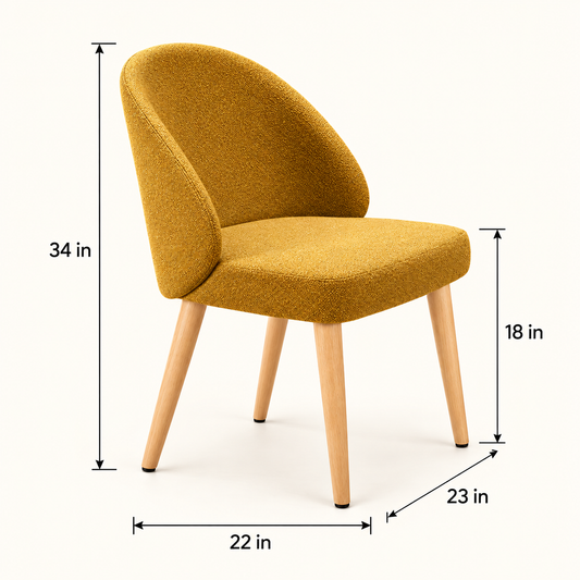 Mustard Upholstered Dining Chair dimension image showing 22 in W × 23 in D × 34 in H (approx. 56 × 58 × 86 cm) and 18 in (approx. 46 cm) seat height.