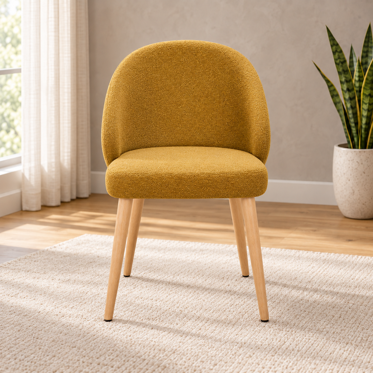 Mustard Upholstered Dining Chair, front view in a styled lifestyle setting.
