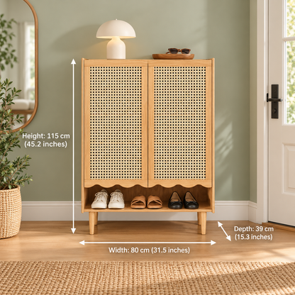 Natural Cane Shoe Cabinet with Open Shelf dimensions: 80 cm W × 39 cm D × 115 cm H (31.5″ × 15.3″ × 45.2″)