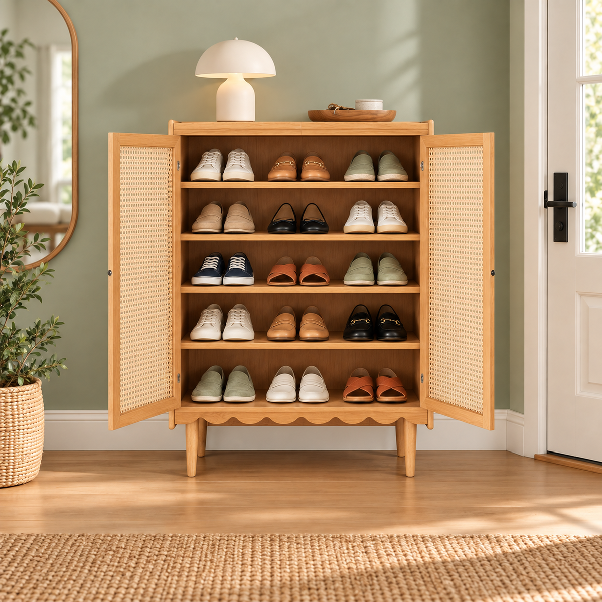 Natural Cane Shoe Cabinet with Open Shelf styled in an entryway with footwear and everyday accessories