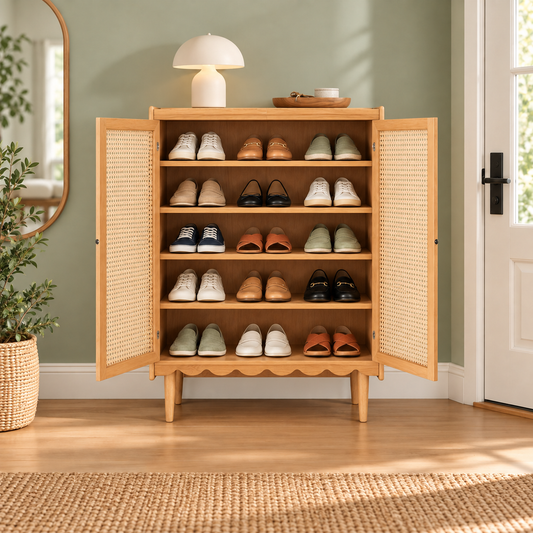 Natural Cane Shoe Cabinet with Open Shelf styled in an entryway with footwear and everyday accessories
