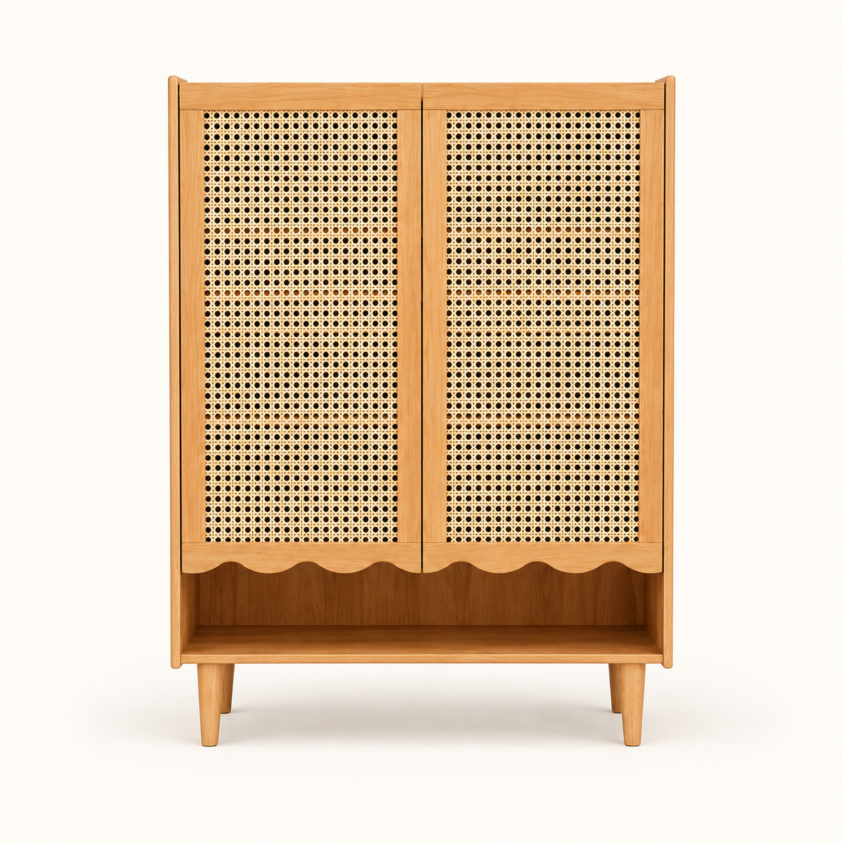 Natural Cane Shoe Cabinet with Open Shelf clean front studio view in natural finish