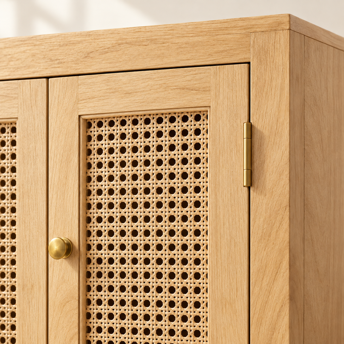 Close-up of natural cane weaving and teak wood bookshelf finish
