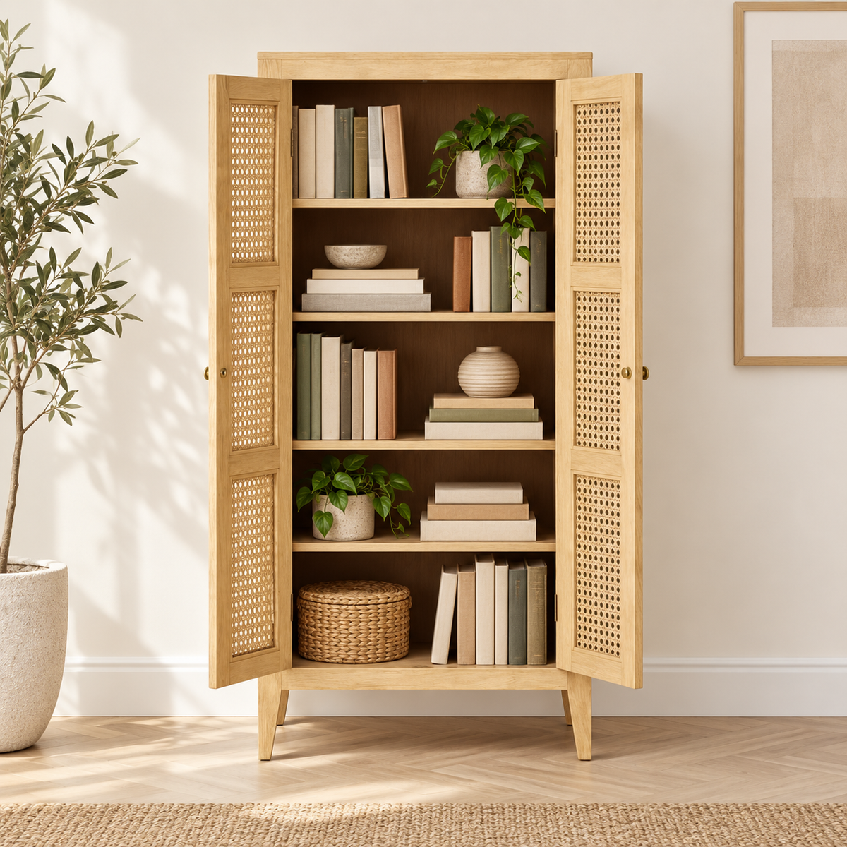 Natural-finish teak wood bookshelf with five fixed shelves