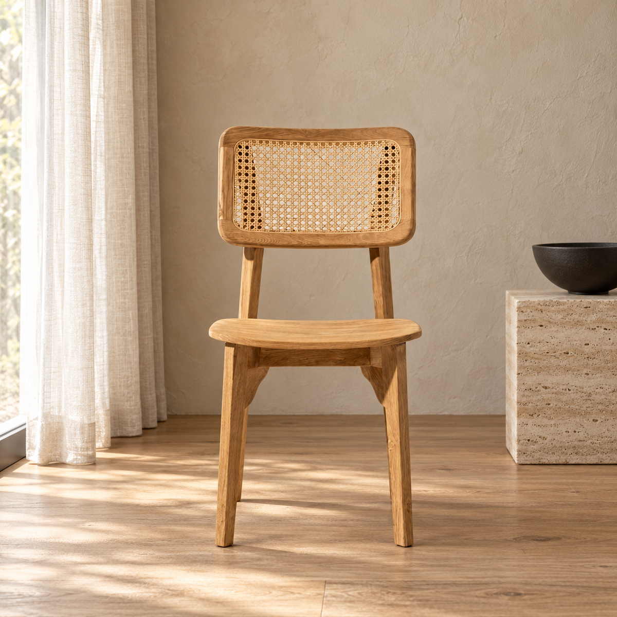 Natural Wood Cane-Back Dining Chair, front view in a styled lifestyle setting.