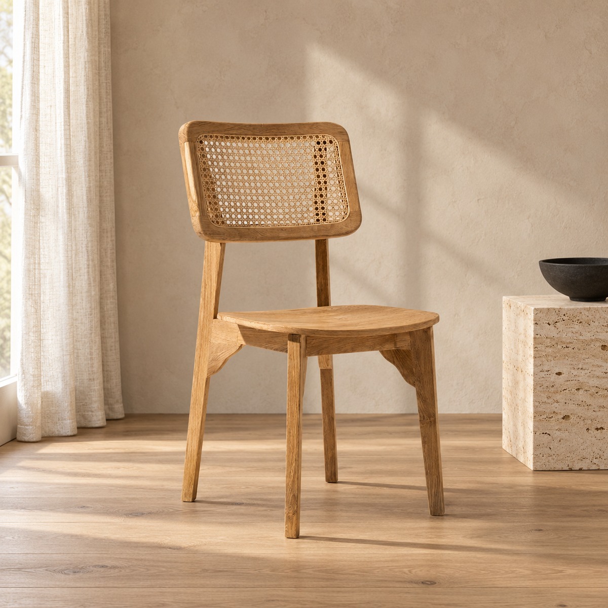 Natural Wood Cane-Back Dining Chair, side view in a styled lifestyle setting.