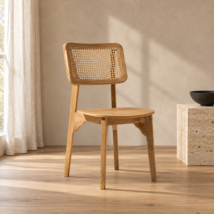 Natural Wood Cane-Back Dining Chair, side view in a styled lifestyle setting.