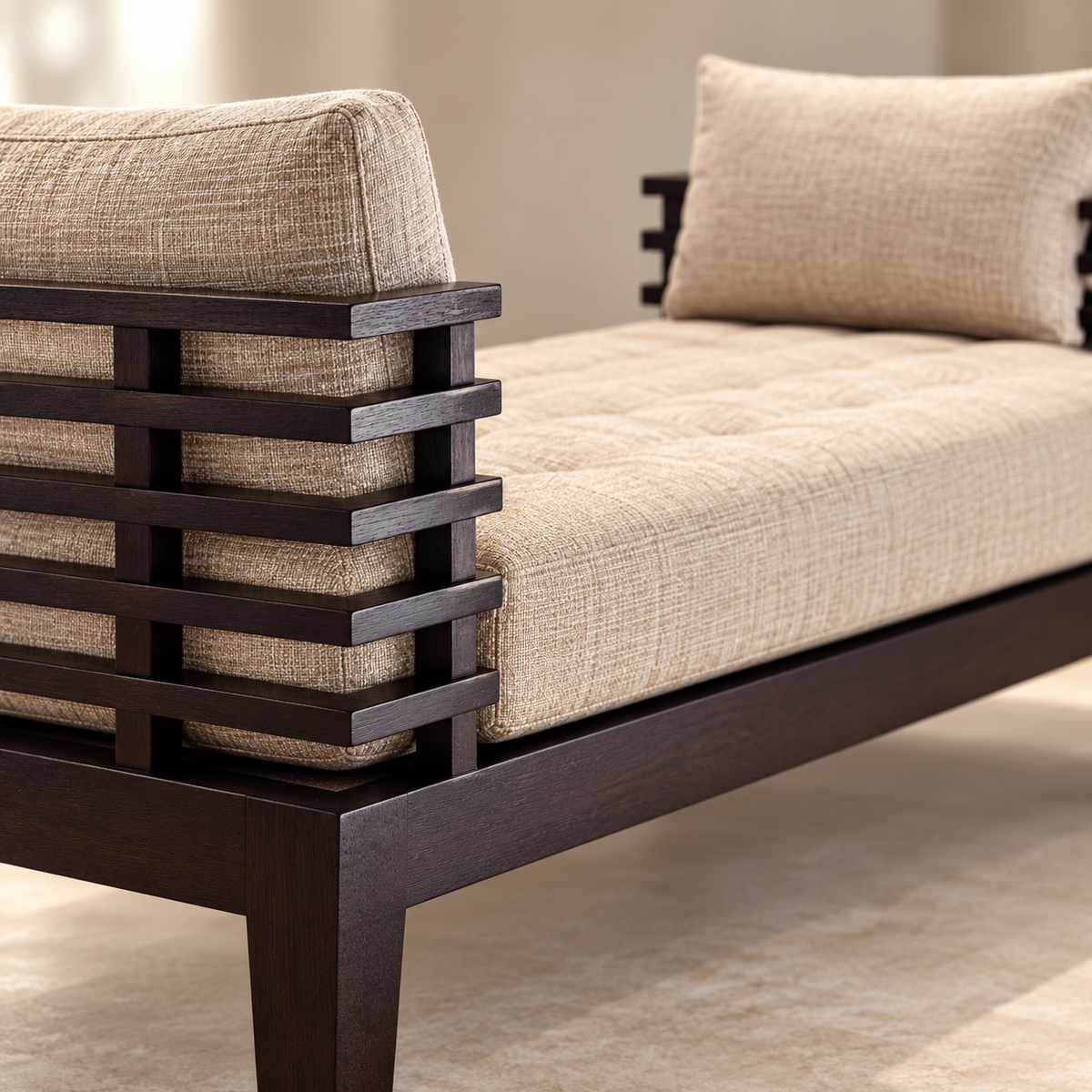 Natural Oatmeal Teak Wood Sofa — upholstery and wooden detail close-up
