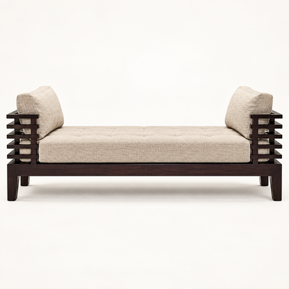 Natural Oatmeal Teak Wood Sofa — front studio view