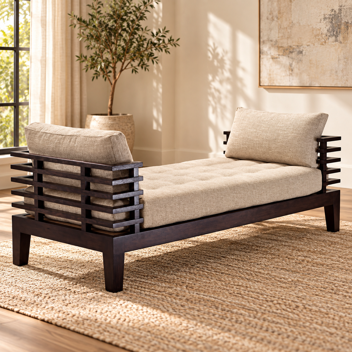 Natural Oatmeal Teak Wood Sofa — in a styled living room