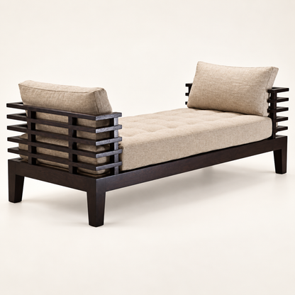 Natural Oatmeal Teak Wood Sofa — angled side view