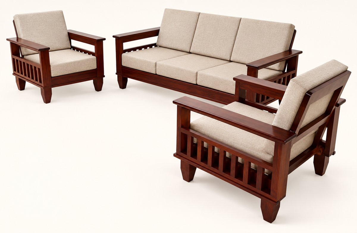 Oatmeal Traditional Teak Wood Sofa Set (3+1+1) angled view view