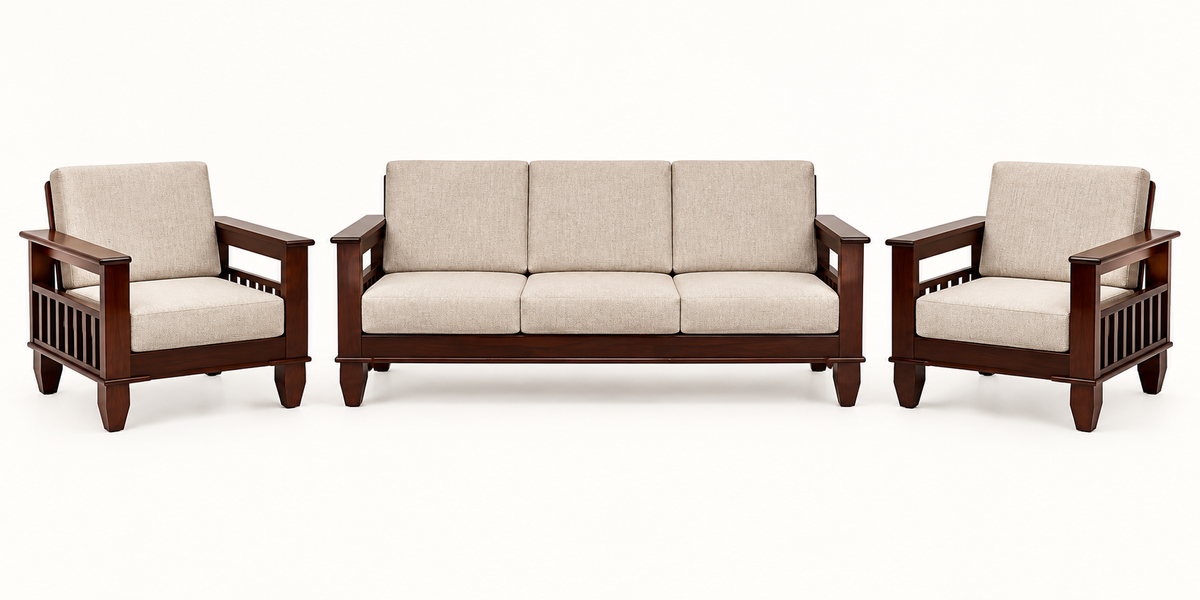 Oatmeal Traditional Teak Wood Sofa Set (3+1+1) complete set front view