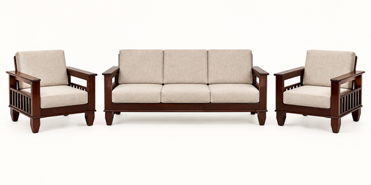 Oatmeal Traditional Teak Wood Sofa Set (3+1+1) complete set front view