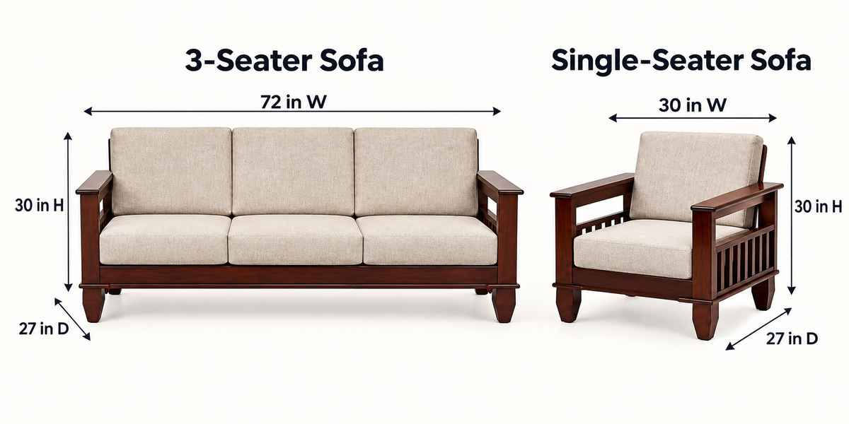 Oatmeal Traditional Teak Wood Sofa Set (3+1+1) dimensions view