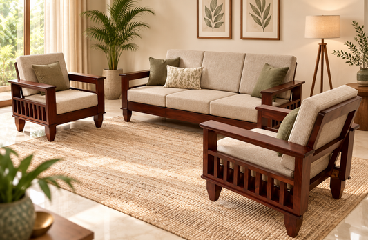 Oatmeal Traditional Teak Wood Sofa Set (3+1+1) lifestyle view