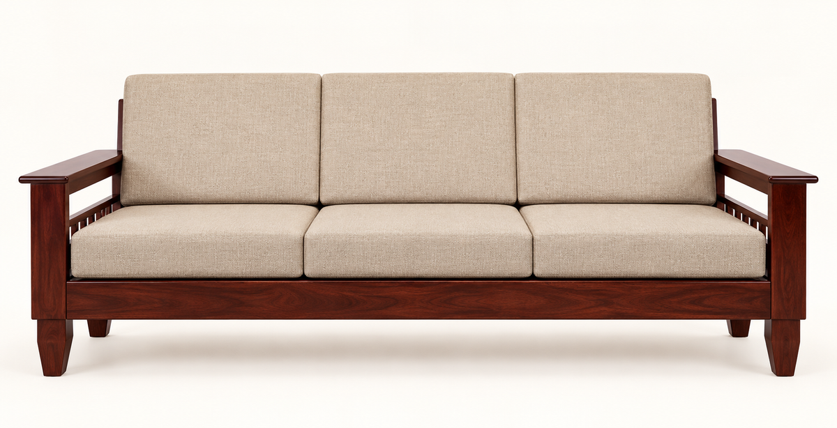 Oatmeal Traditional Teak Wood Sofa Set (3+1+1) main sofa view