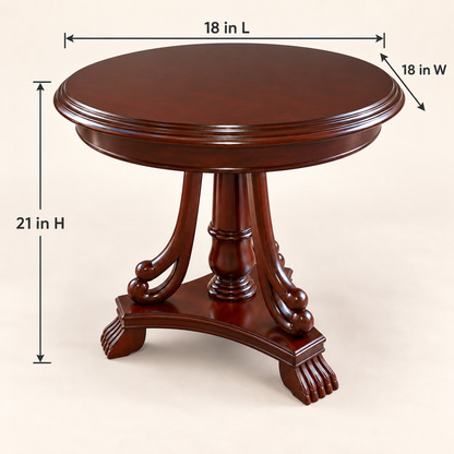 Ornate Round Pedestal Side Table in Dark Walnut Finish dimensions and measurements