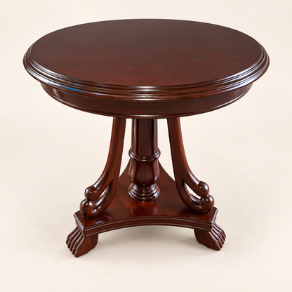 Ornate Round Pedestal Side Table in Dark Walnut Finish front studio view
