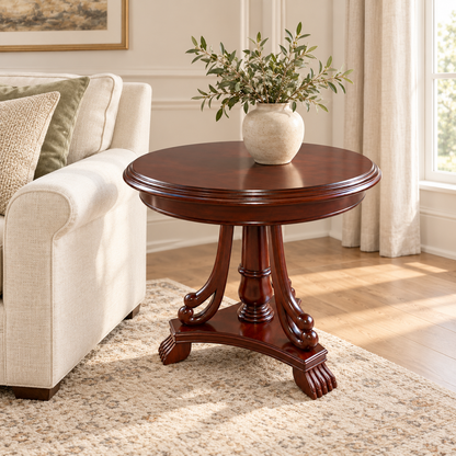 Ornate Round Pedestal Side Table in Dark Walnut Finish styled in a home interior