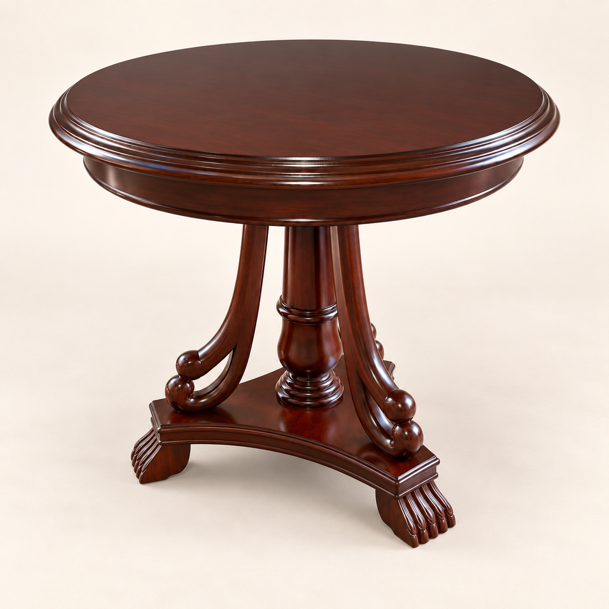 Ornate Round Pedestal Side Table in Dark Walnut Finish side studio view