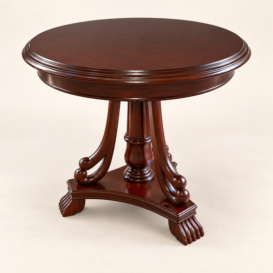 Ornate Round Pedestal Side Table in Dark Walnut Finish side studio view
