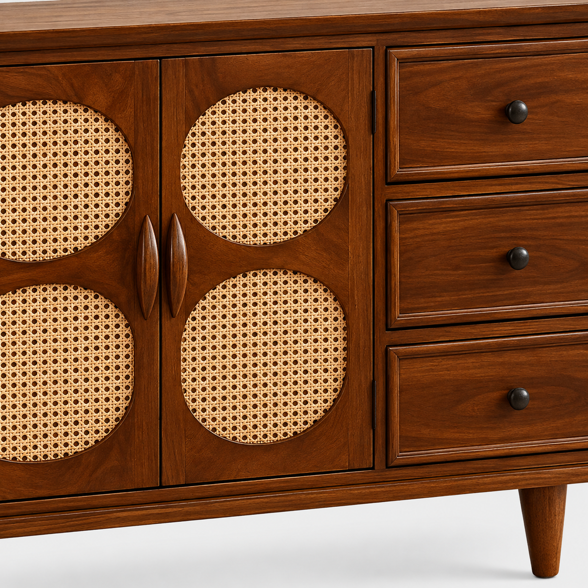 Oval Cane Wooden Sideboard with Three Drawers in walnut brown finish – material and detail close-up