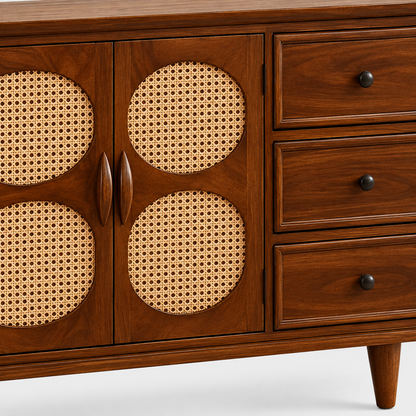 Oval Cane Wooden Sideboard with Three Drawers in walnut brown finish – material and detail close-up