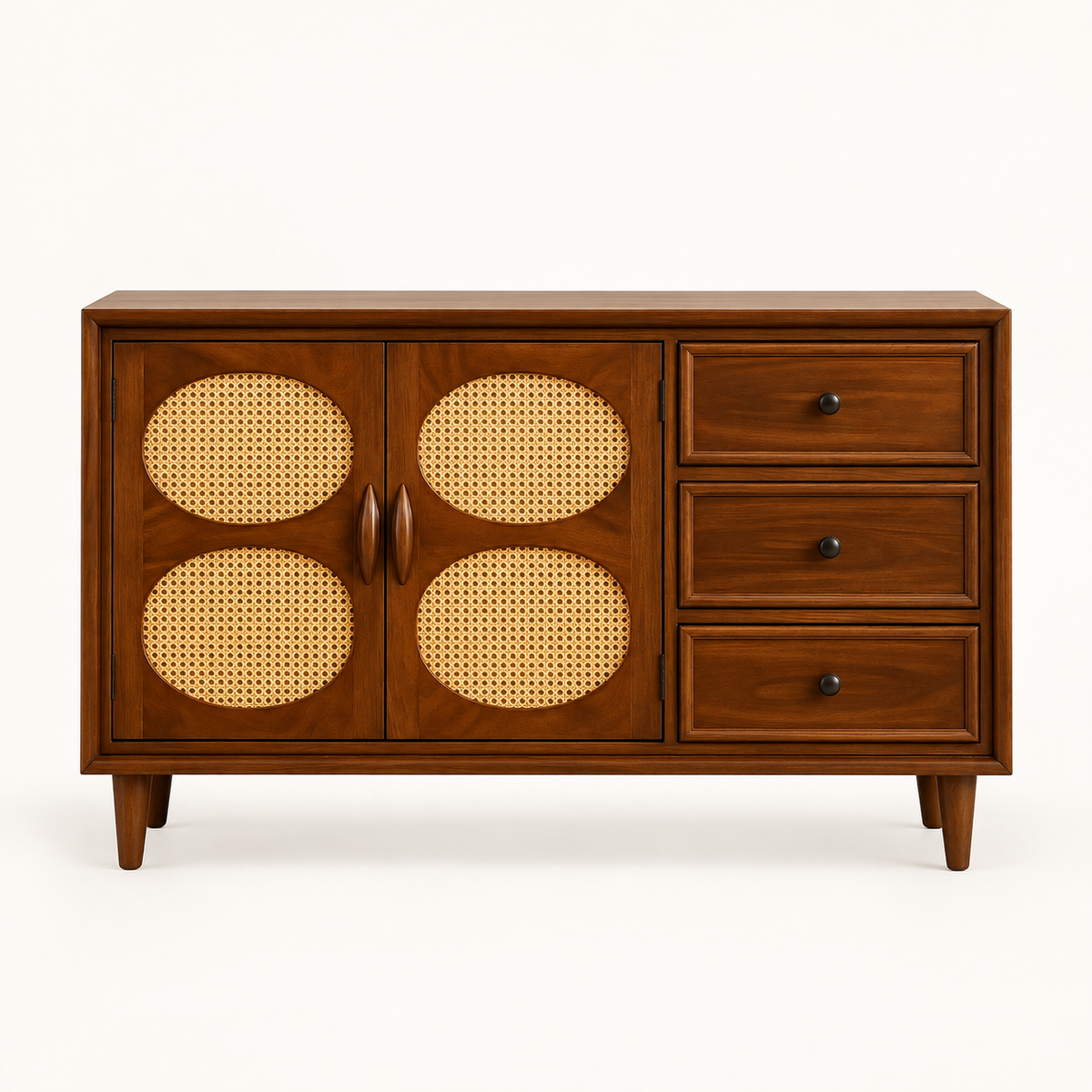 Oval Cane Wooden Sideboard with Three Drawers in walnut brown finish – front studio view