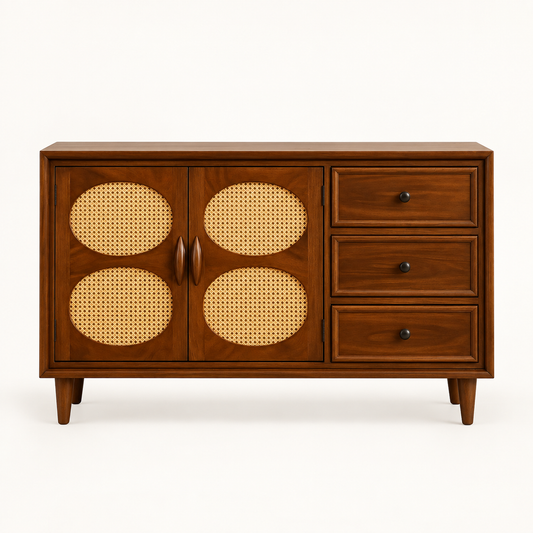 Oval Cane Wooden Sideboard with Three Drawers in walnut brown finish – front studio view