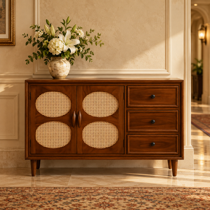 Oval Cane Wooden Sideboard with Three Drawers in walnut brown finish – lifestyle setting
