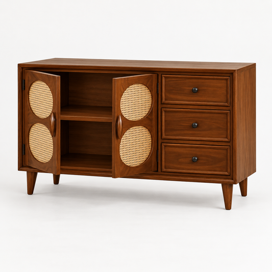 Oval Cane Wooden Sideboard with Three Drawers in walnut brown finish – angled side studio view