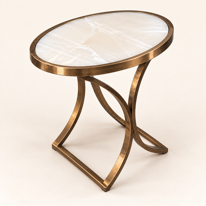 Oval Marble and Bronze PVD Side Table - angled studio view