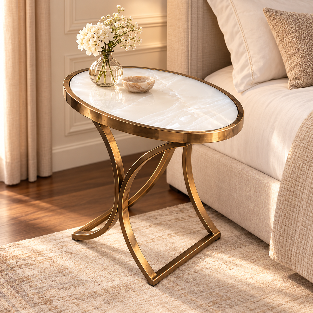 Oval Marble and Bronze PVD Side Table - living room lifestyle view