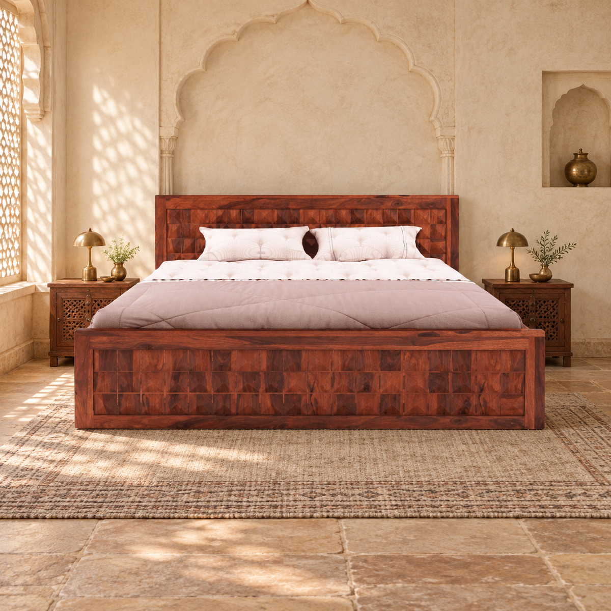 Patchwork Carved Storage Bed in a bedroom, front view