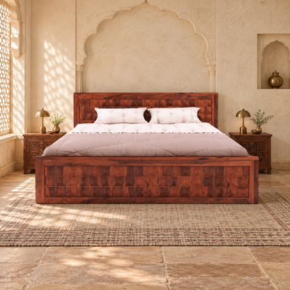 Patchwork Carved Storage Bed in a bedroom, front view