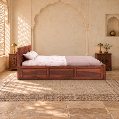 Patchwork Carved Storage Bed in a bedroom, side view