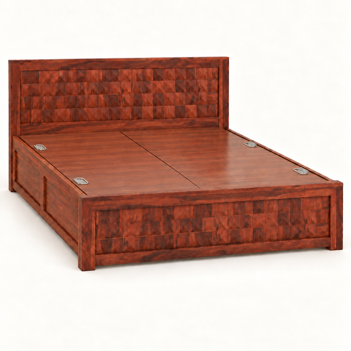 A reddish-brown wooden platform bed frame with a textured geometric pattern on the headboard and footboard, shown on a plain white background.
