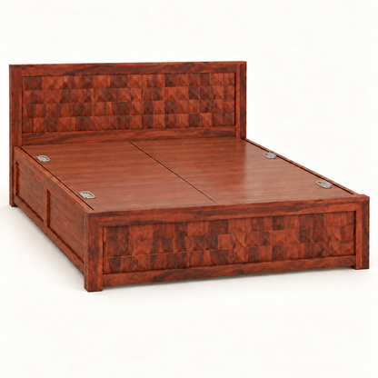 A reddish-brown wooden platform bed frame with a textured geometric pattern on the headboard and footboard, shown on a plain white background.