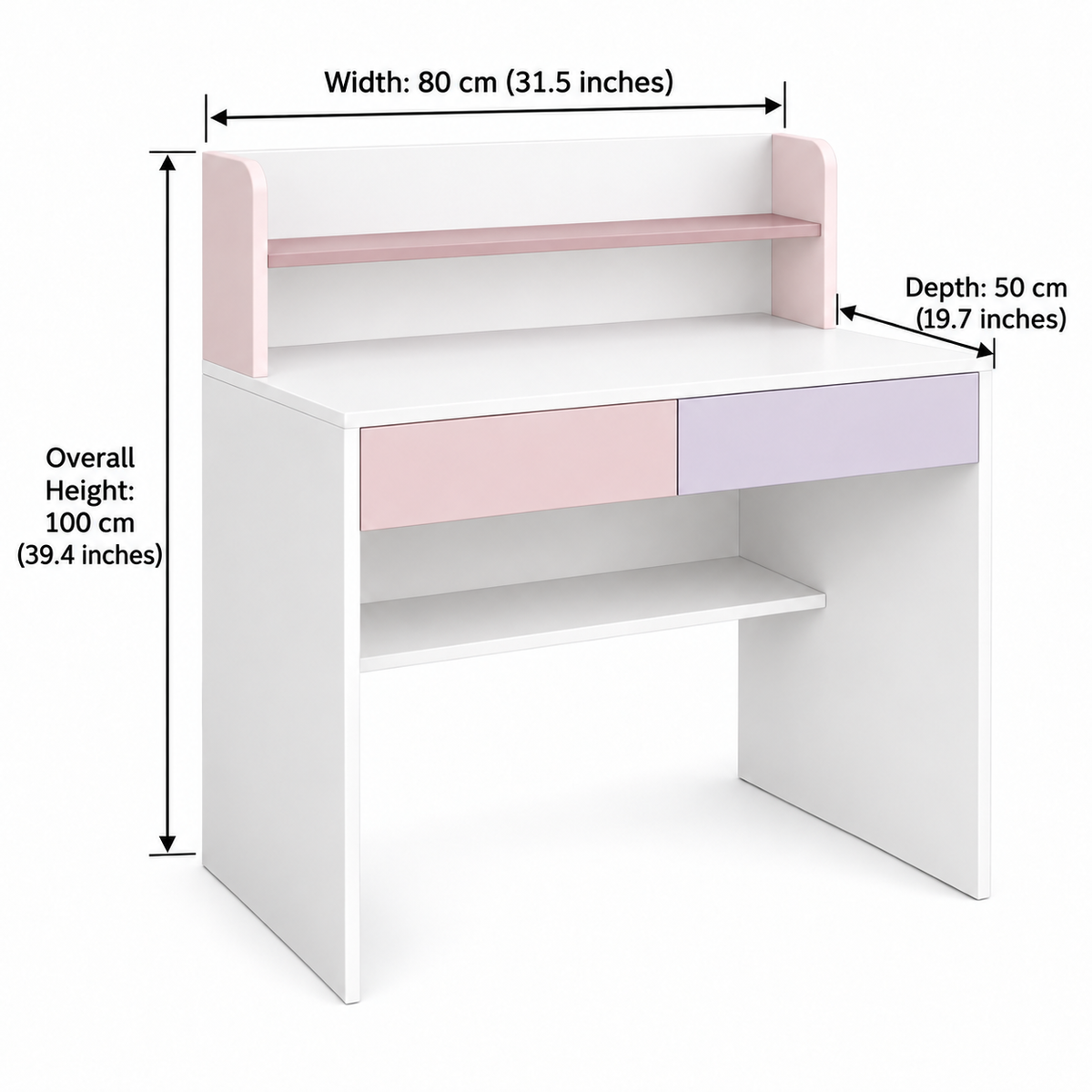 Pink and lavender kids study table dimensions – 80 cm wide, 50 cm deep and 100 cm high