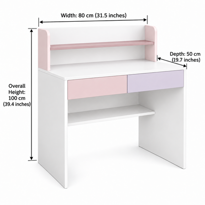 Pink and lavender kids study table dimensions – 80 cm wide, 50 cm deep and 100 cm high