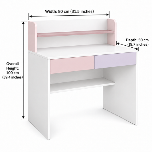 Pink and lavender kids study table dimensions – 80 cm wide, 50 cm deep and 100 cm high