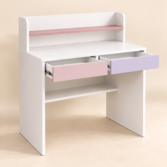 Pink, lavender and white kids study table with two open storage drawers